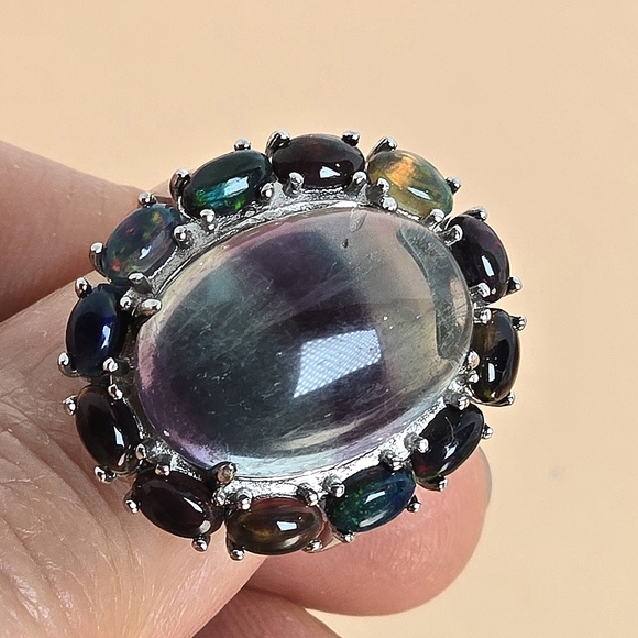 Natural Fluorite & Black Opal 925 Sterling Silver Ring Sz 7.25 - Picture 8 of 14